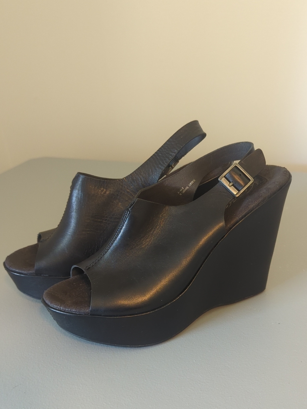 Korks By Kork Ease Black Leather Peep-Toe Wedge Sandals
